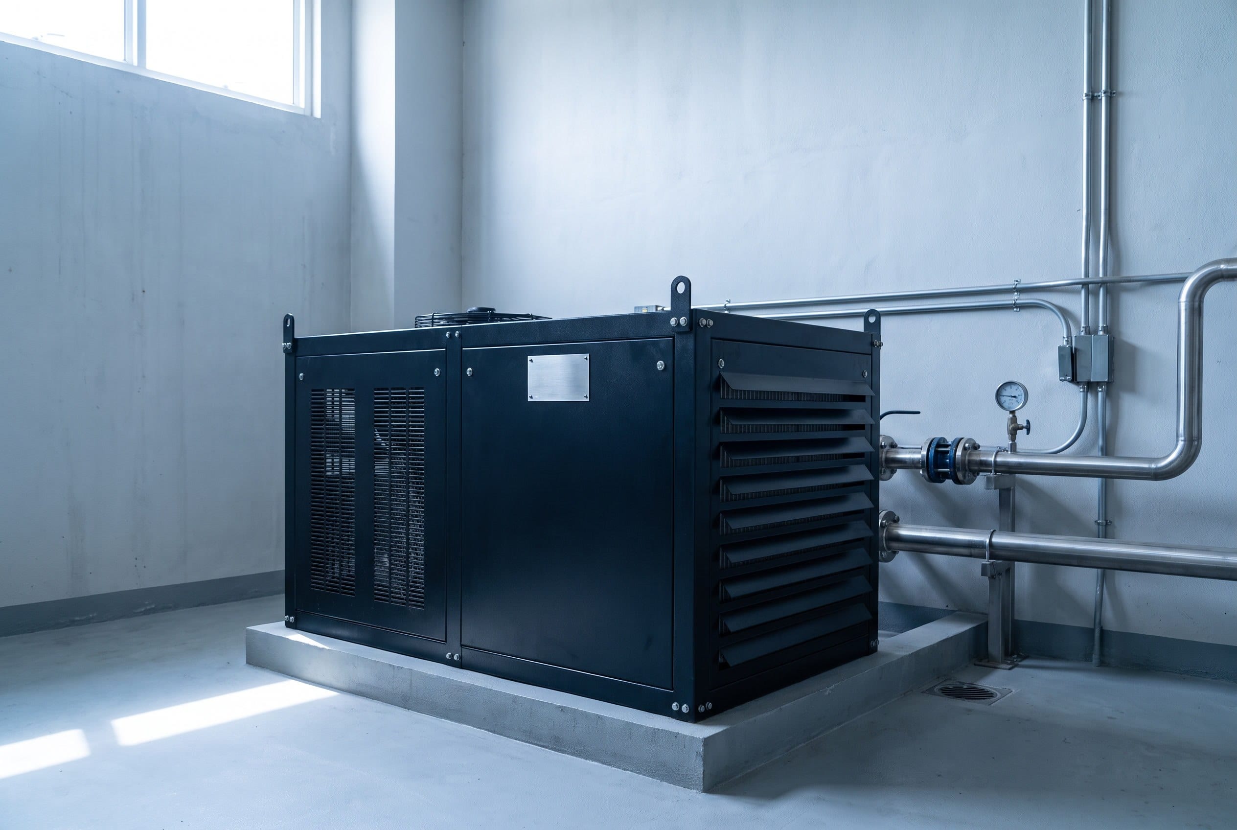 A Magnum series unit inside a plant room, with stainless pipework and a pressure gauge