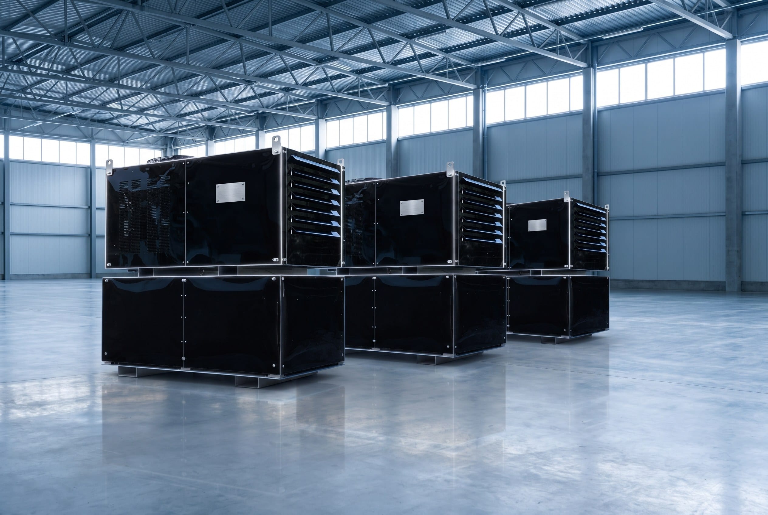 A row of stacked modular units inside an industrial hall